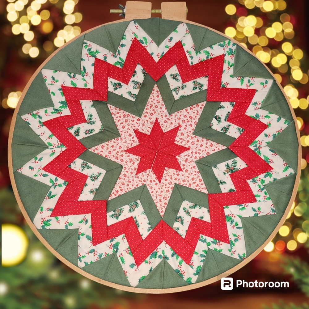 Vintage Handmade Christmas Star Quilt Square Lg Wall Hanging Hoop 14"